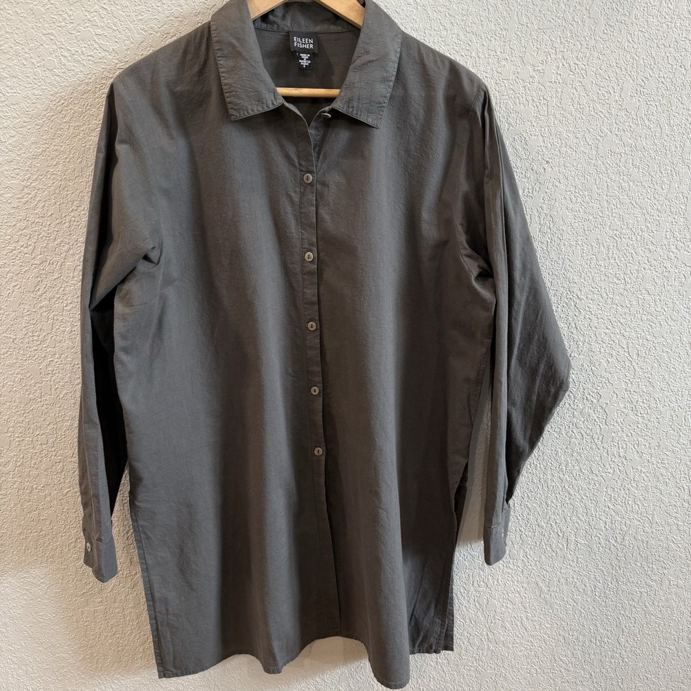 Eileen Fisher 100% Cotton Button Up Tunic Shirt Large Charcoal Gray - Picture 2 of 6